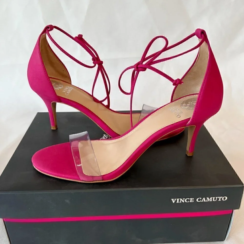 Vince Camuto Presinda Heels Ankle Strap Sandals Womens 7 M Pink Nubuck Tie NWB